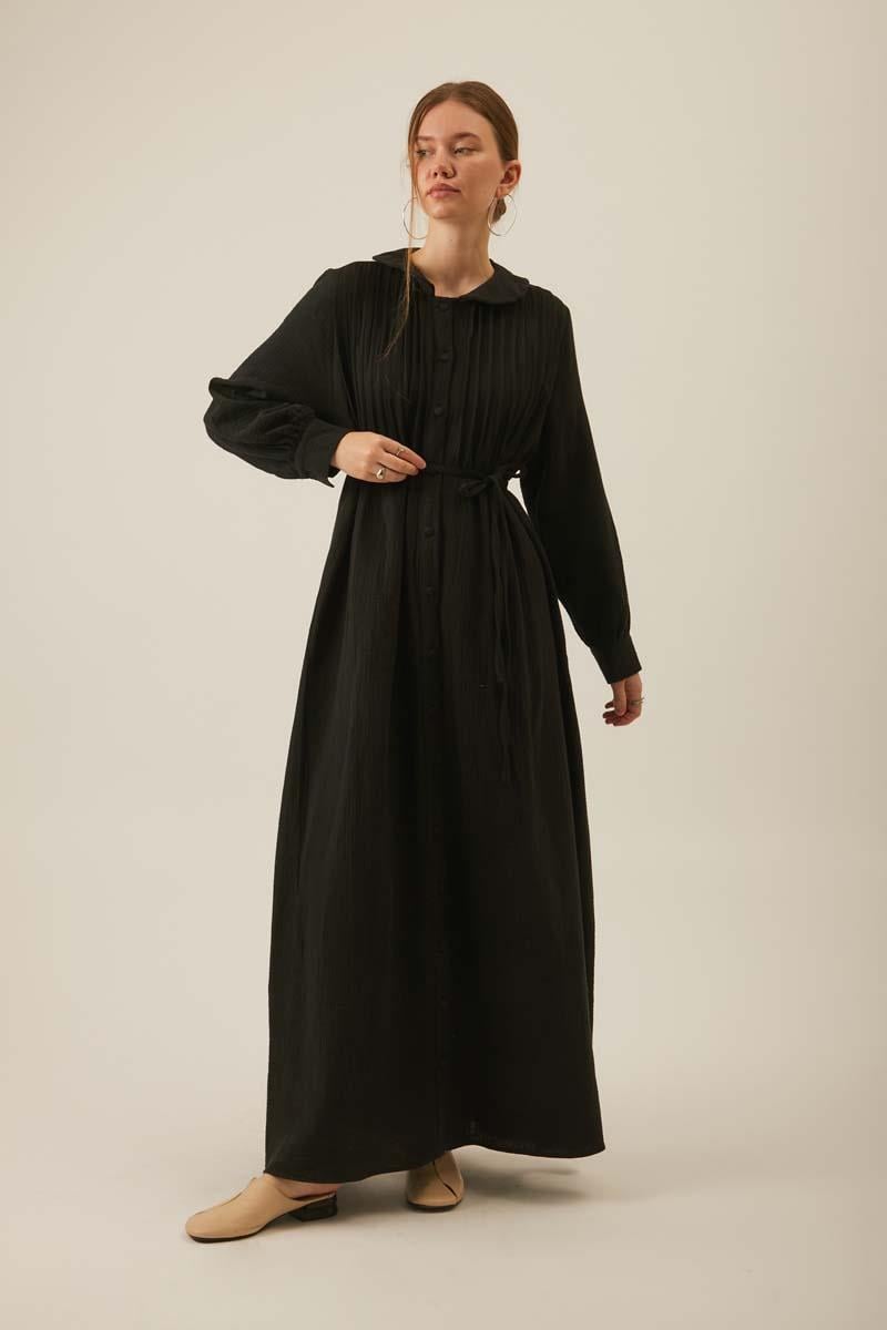 Bebe Yaka Nervürlü Müslin Elbise Siyah