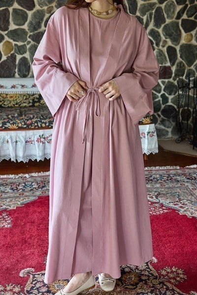 Belden Bağlamalı Abaya Pembe