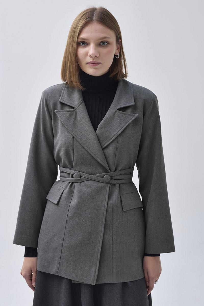 Biye Bağlamalı Blazer Ceket Gri