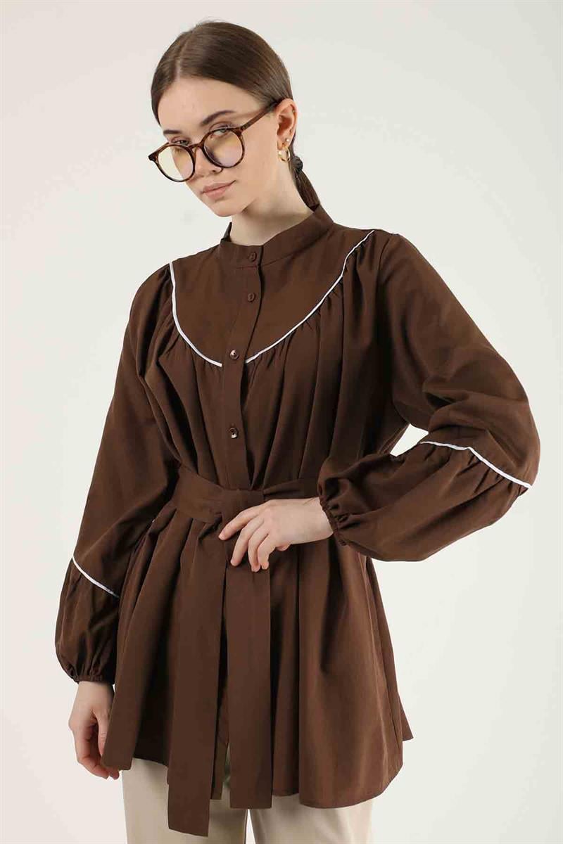 Biye Detay Kuşaklı Gömlek Kahve