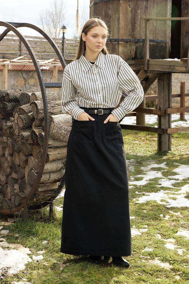 Büyük Cepli Gabardin Etek Siyah