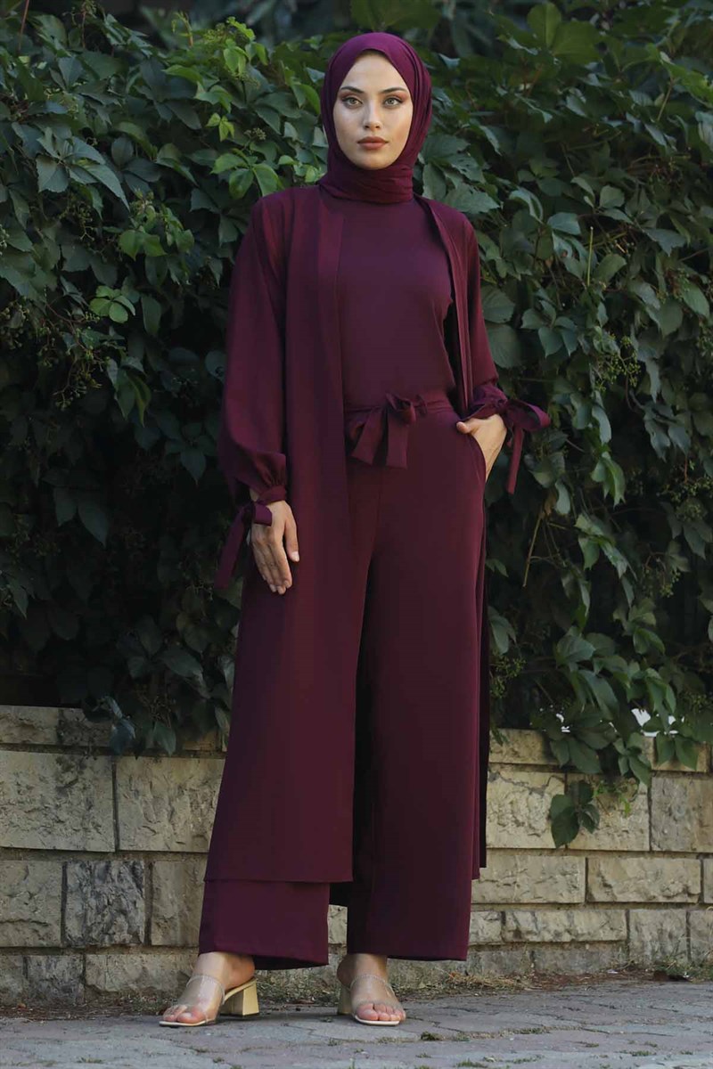 Büzgü Detaylı Üçlü Takım Bordo