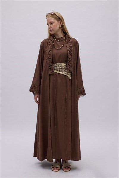 Büzgülü Bant Detaylı Keten Abaya