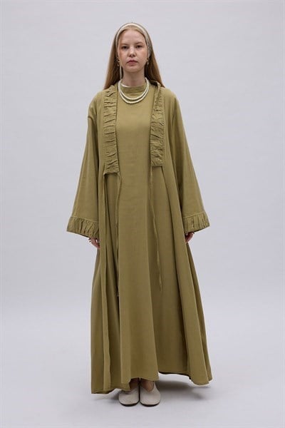 Büzgülü Bant Detaylı Keten Abaya