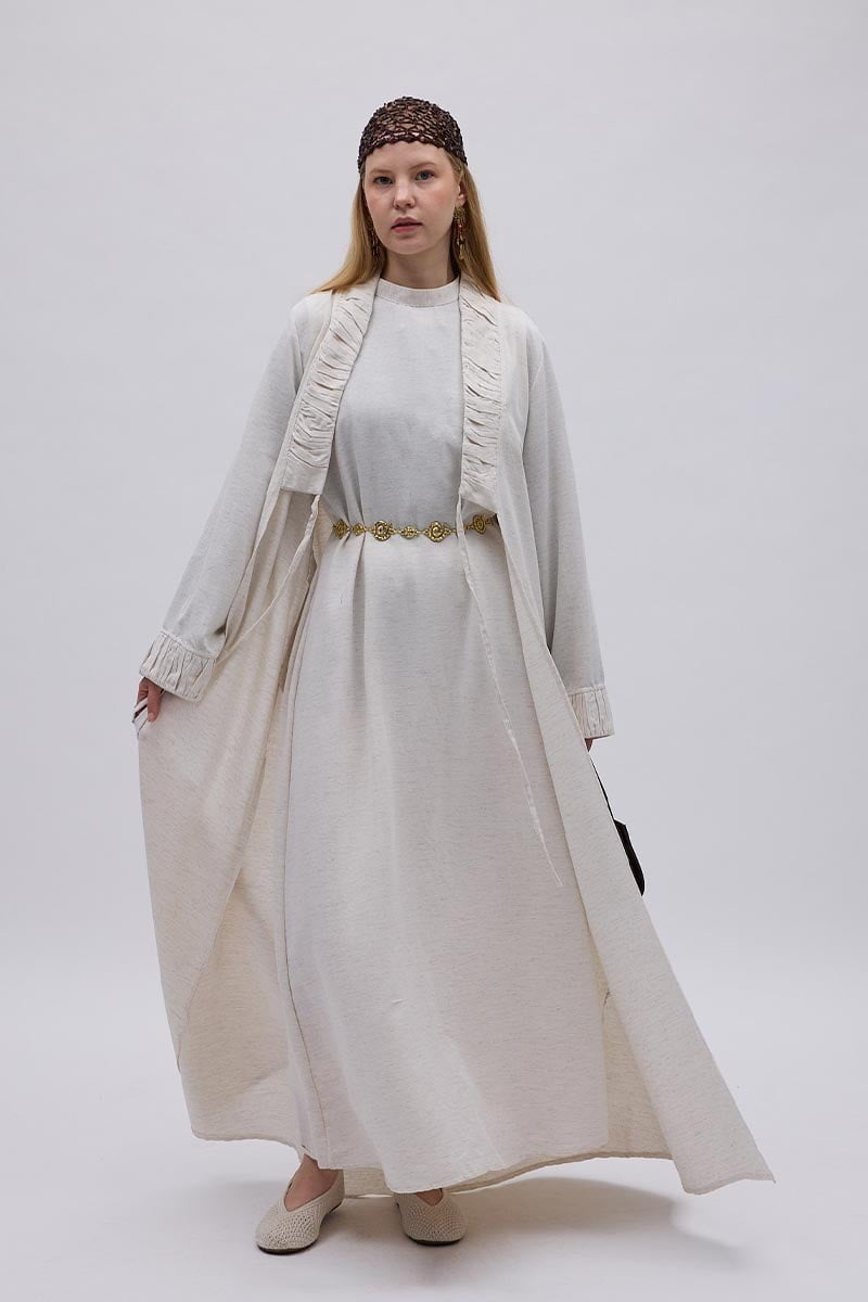 Büzgülü Bant Detaylı Keten Abaya