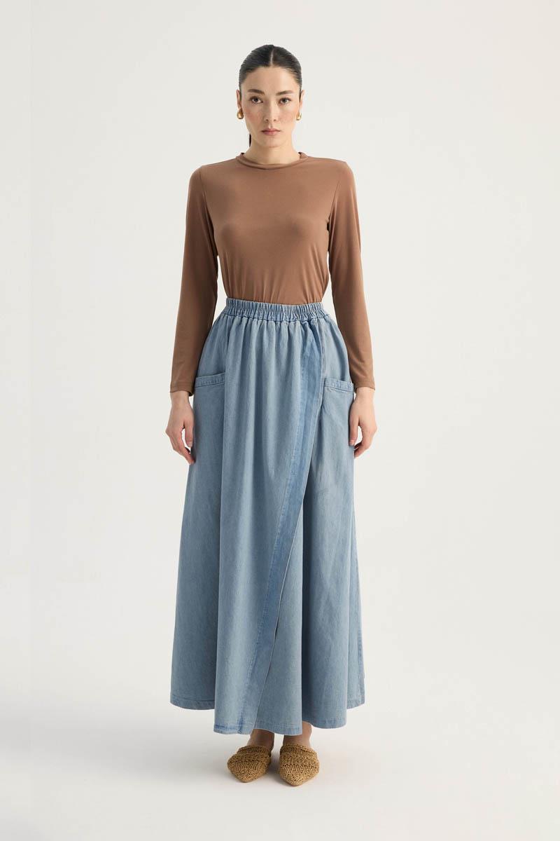 Çapraz Detaylı Denim Etek Buz Mavi