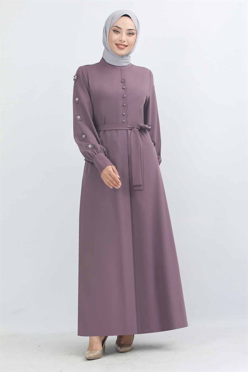 Çiçek İşlemeli Düğmeli Ferace Gül Kurusu