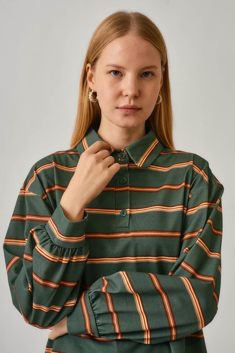 Çizgi Baskılı Sweatshirt Koyu Yeşil