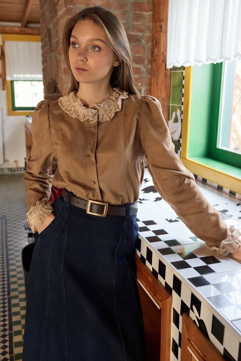 Dantelli Kısa Süet Gömlek Camel