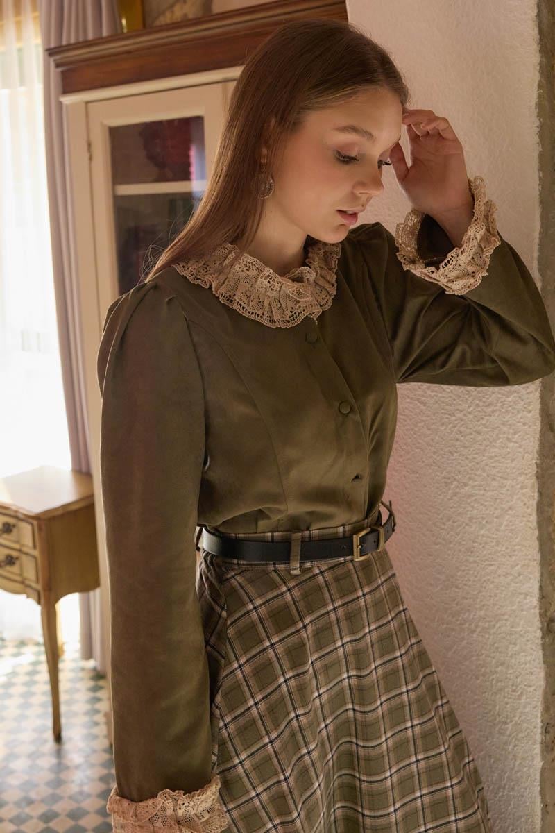 Dantelli Kısa Süet Gömlek Haki