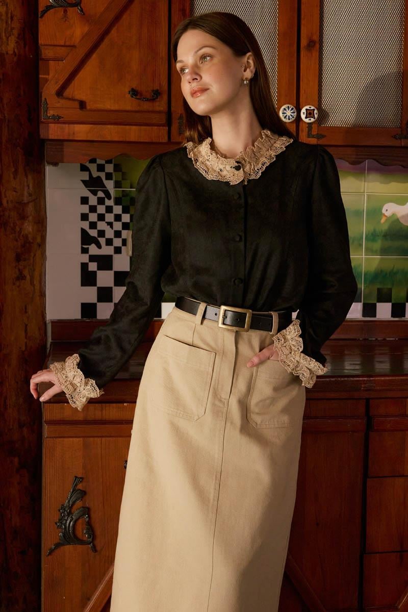 Dantelli Kısa Süet Gömlek Siyah