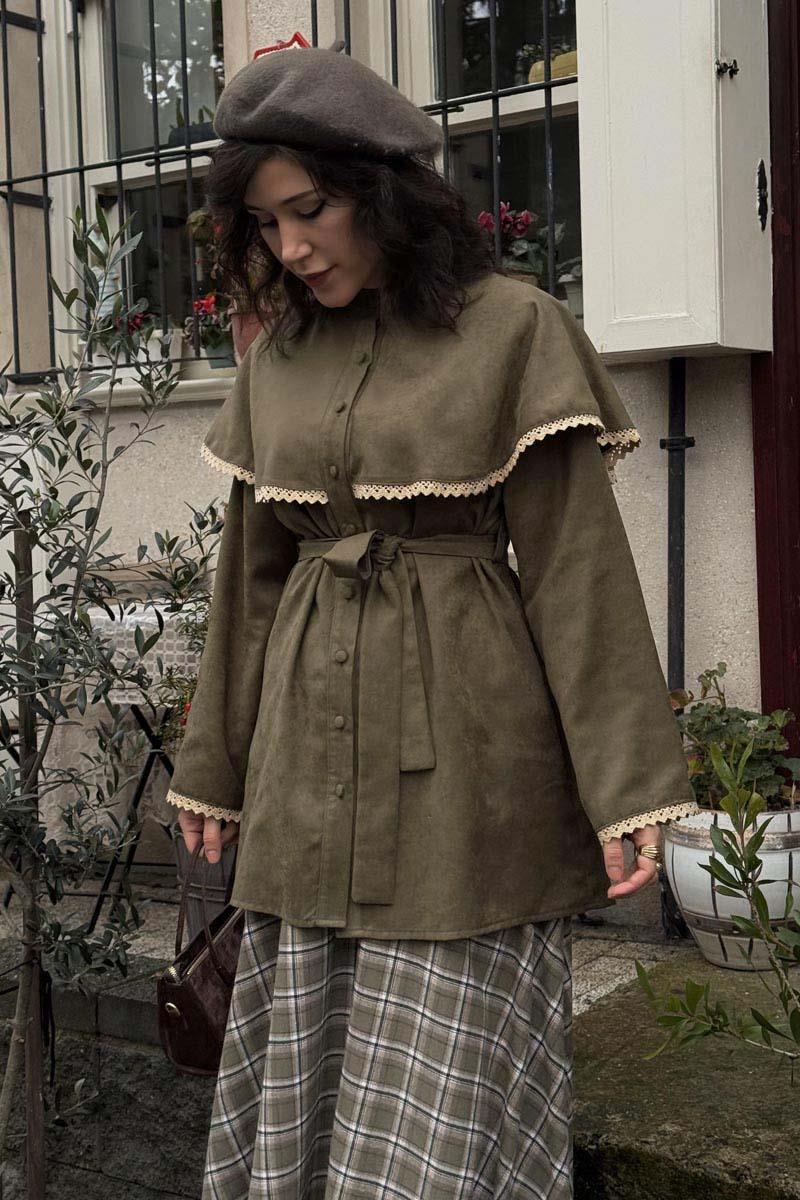 Dantelli Süet Gömlek Haki