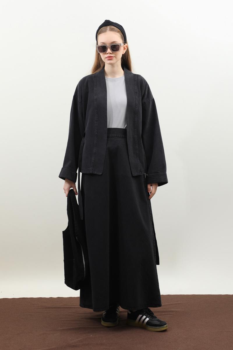 Denim Kimono Etek Takım Siyah