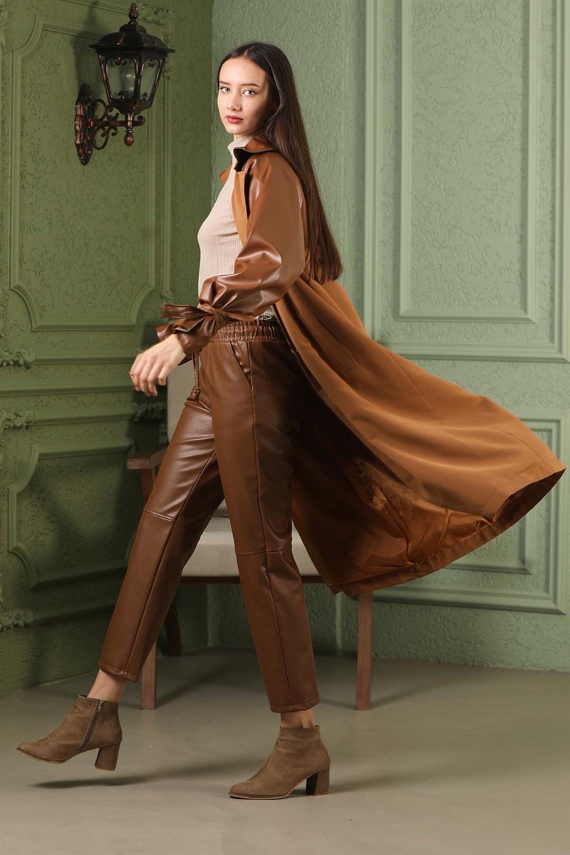 Deri Detaylı Trençkot Taba