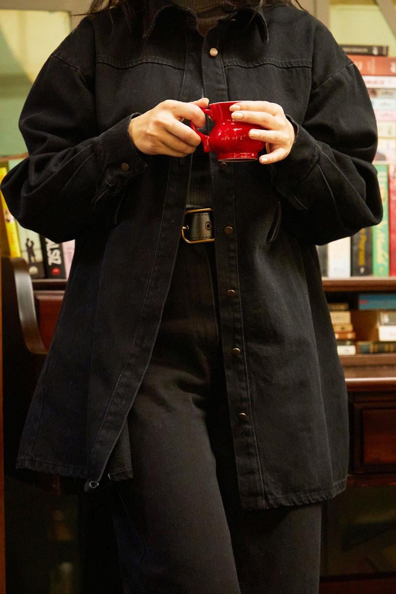 Deri Kemerli Denim Gömlek Siyah