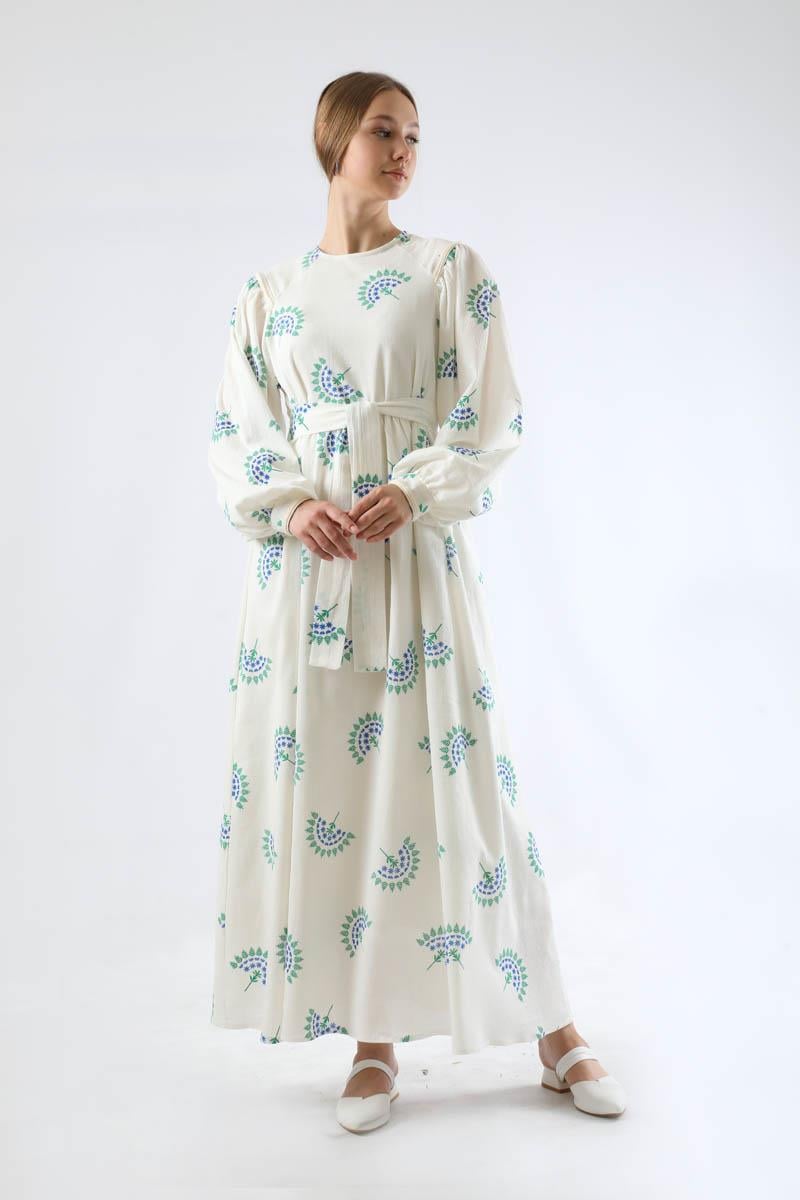 Deseni Nakışlı Elbise Yeşil