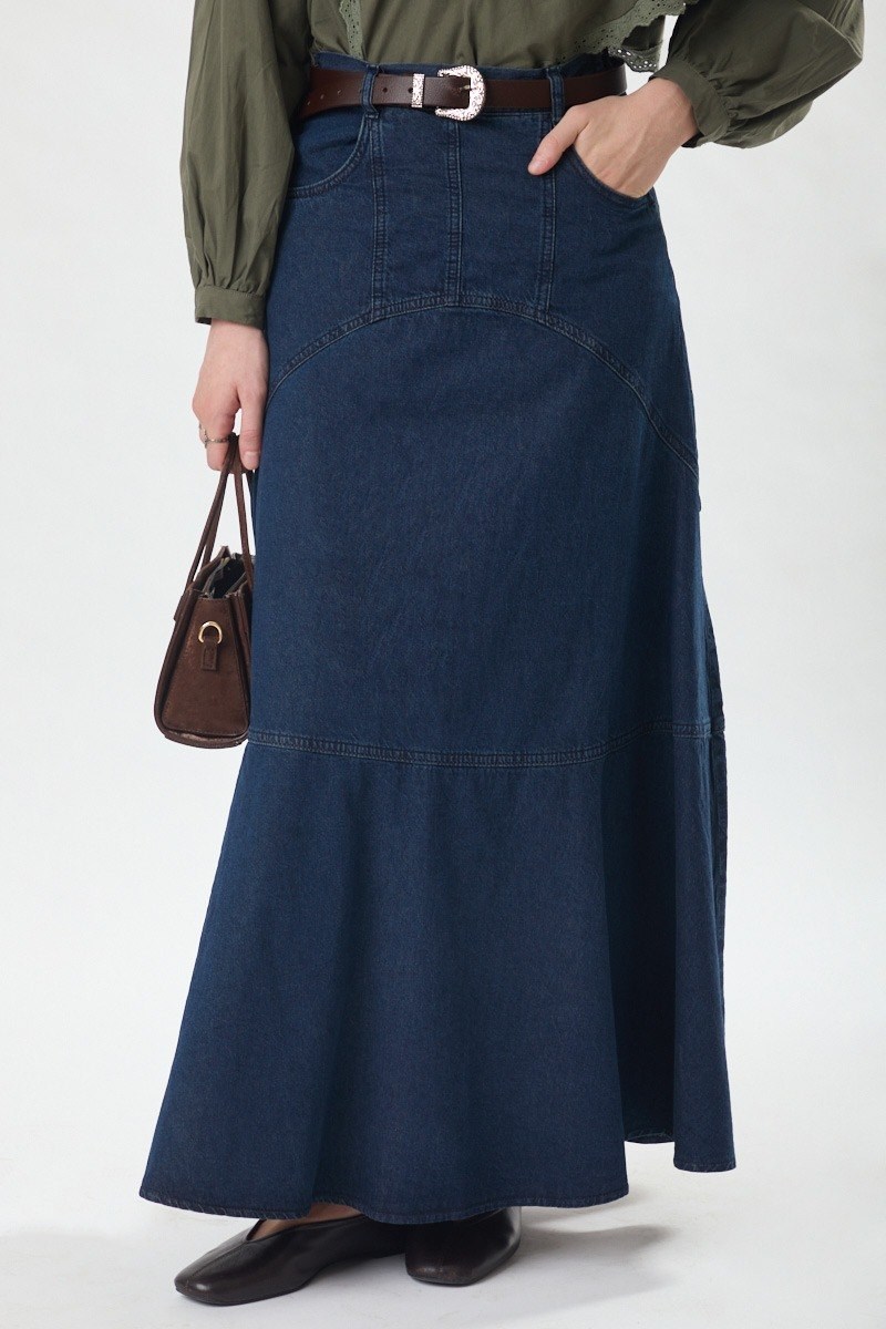 Dikiş Detaylı Denim Etek Koyu Mavi