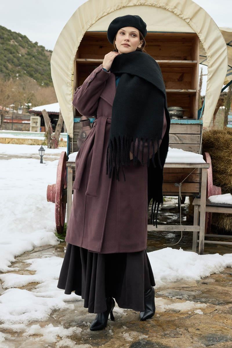 Dikiş Detaylı Klasik Kaban Koyu Mürdüm