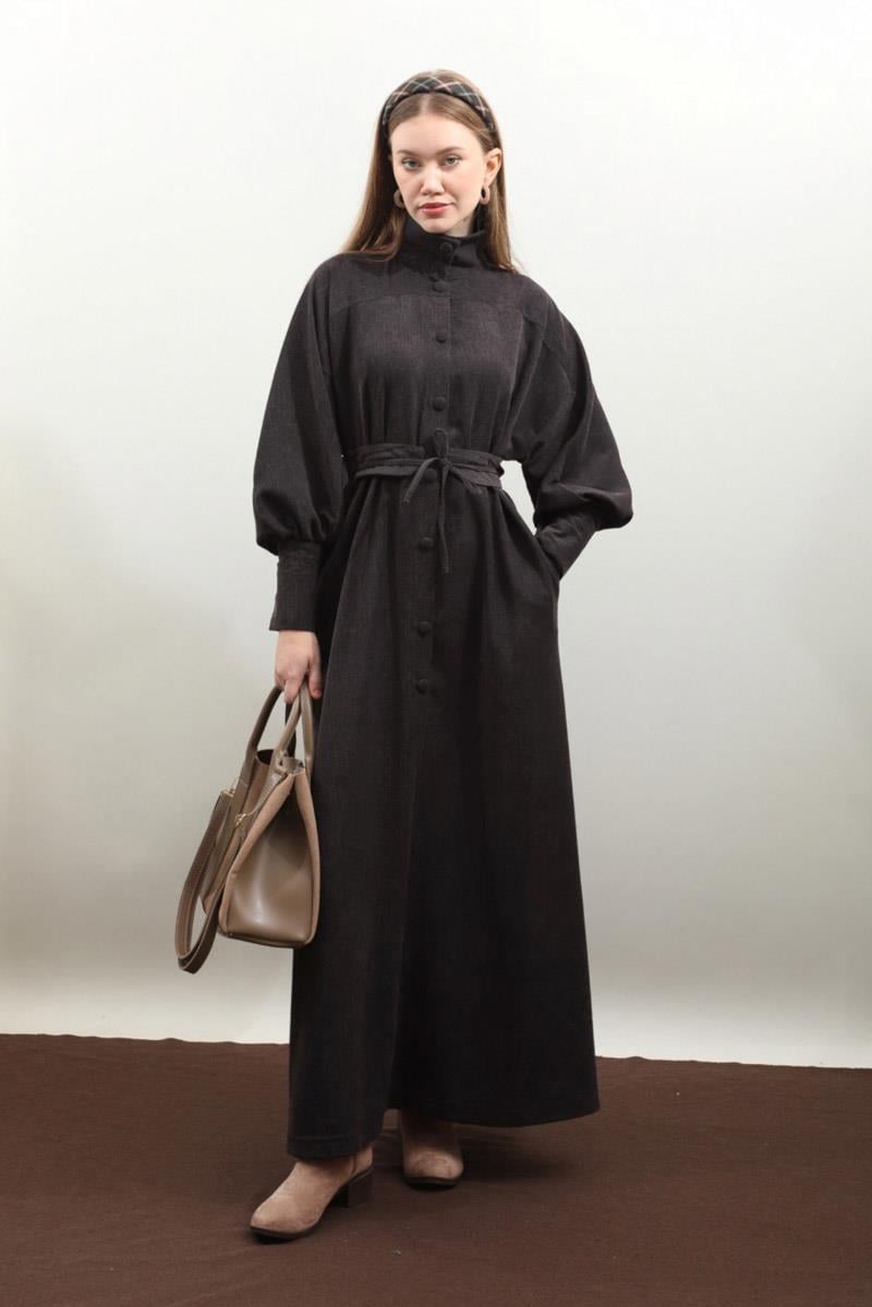 Dokulu Vintage Elbise Antrasit