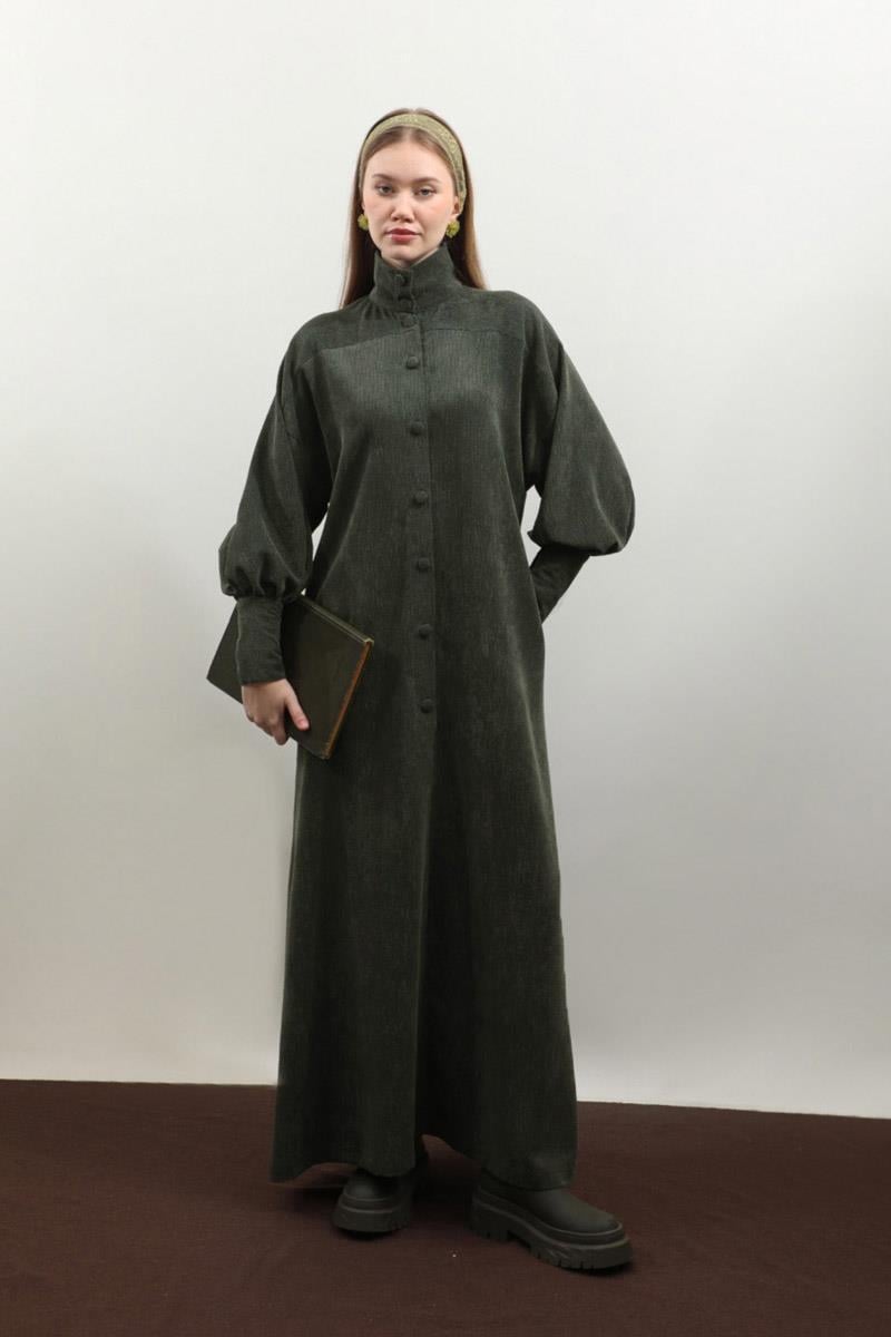 Dokulu Vintage Elbise Koyu Yeşil