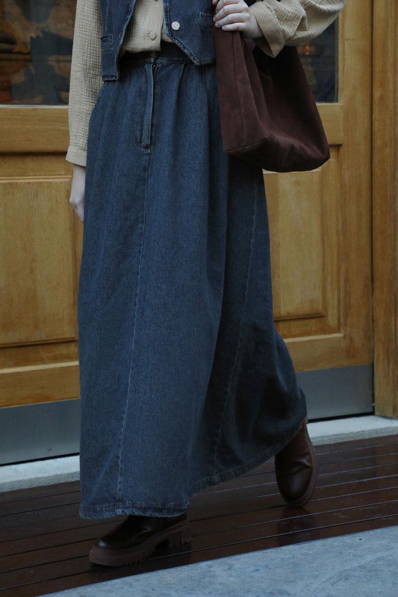 Düğmeli Denim Etek Mavi