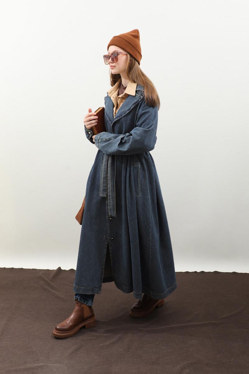 Düğmeli Salaş Denim Trençkot Koyu Mavi