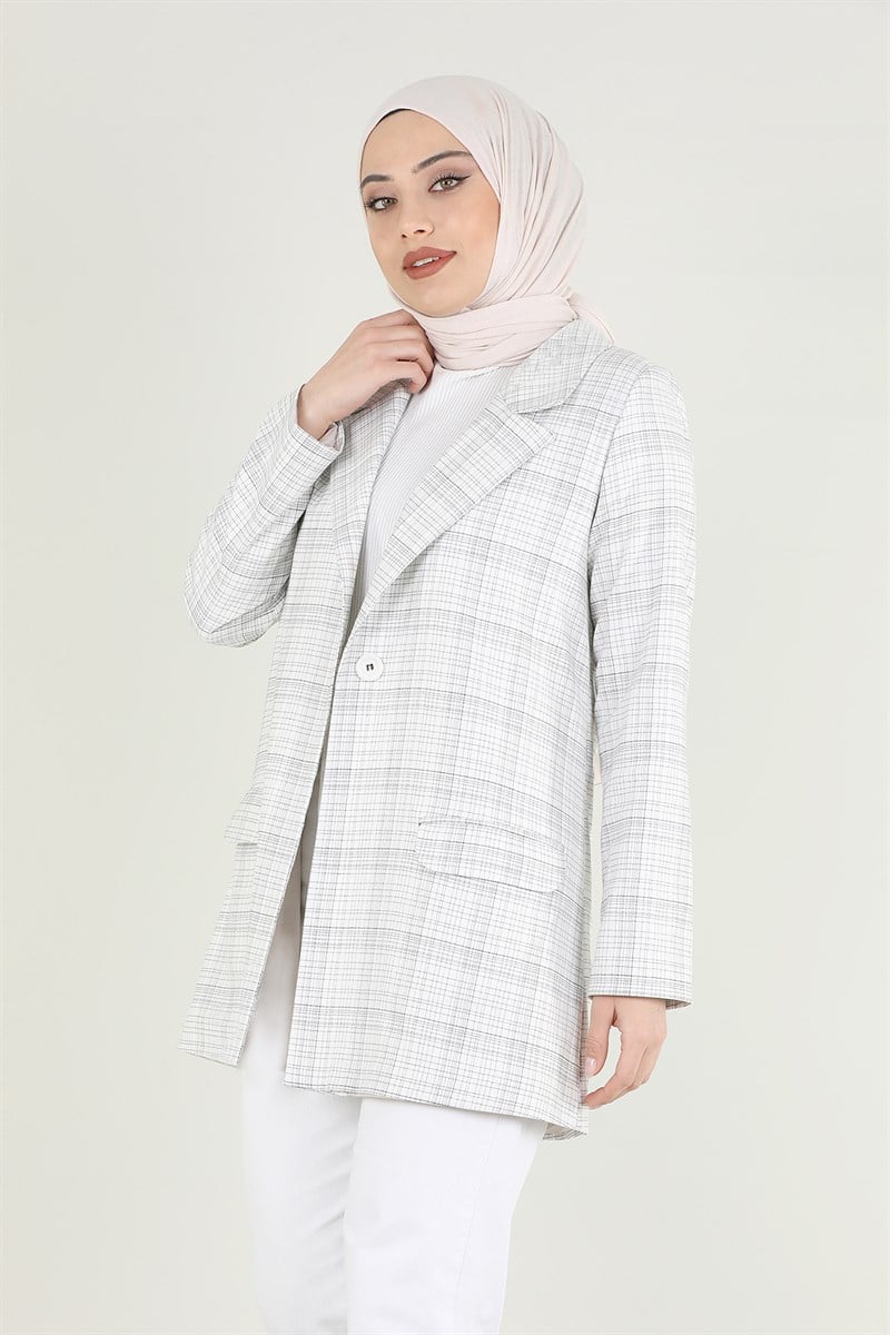Ekose Blazer Ceket Beyaz