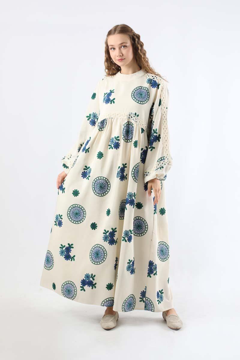 Güpürlü Etnik Desen Elbise Mavi