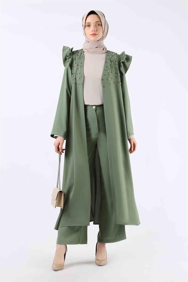 İnci İşlemeli Abaya Takım Haki