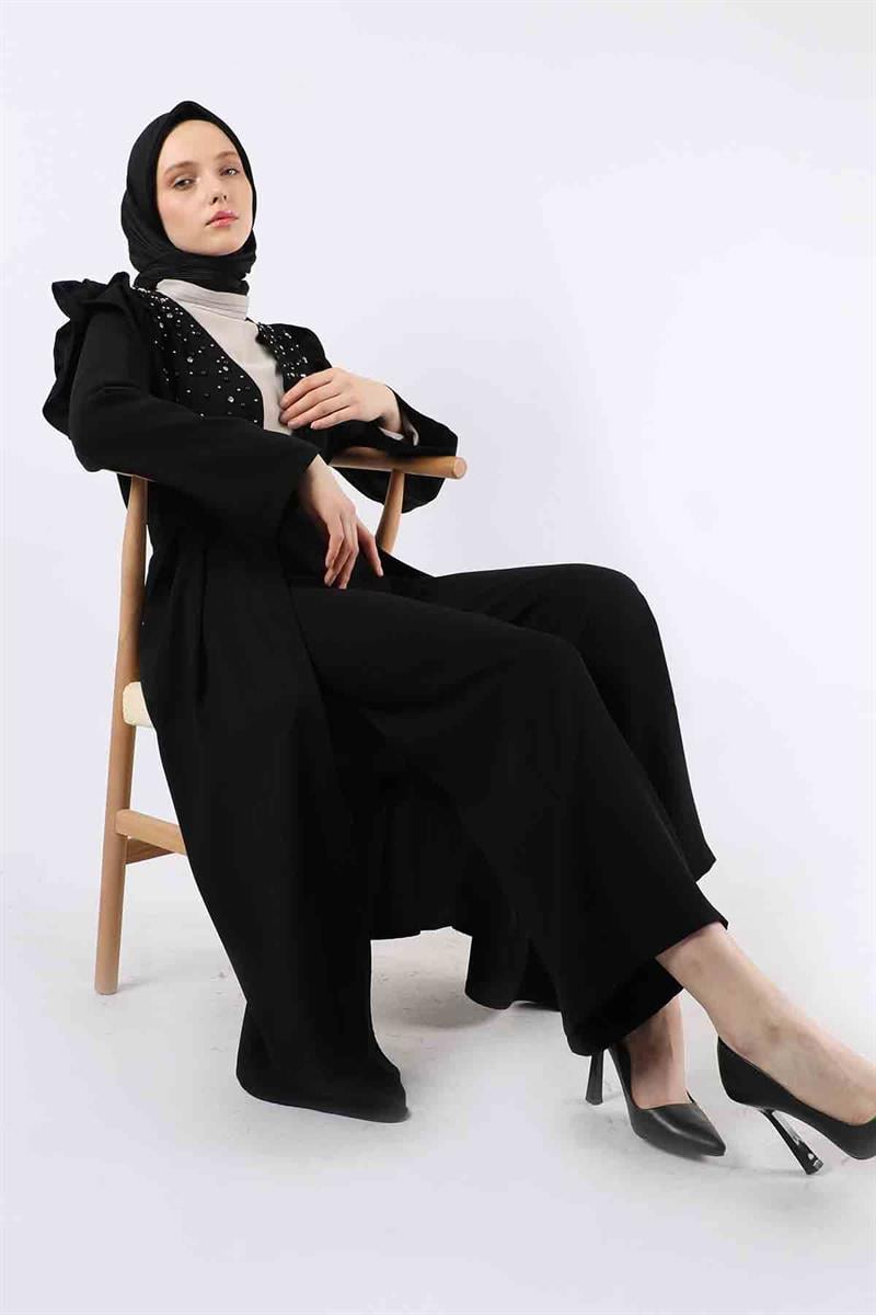 İnci İşlemeli Abaya Takım Siyah