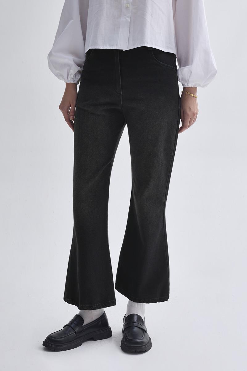 İspanyol Paça Denim Pantolon Siyah