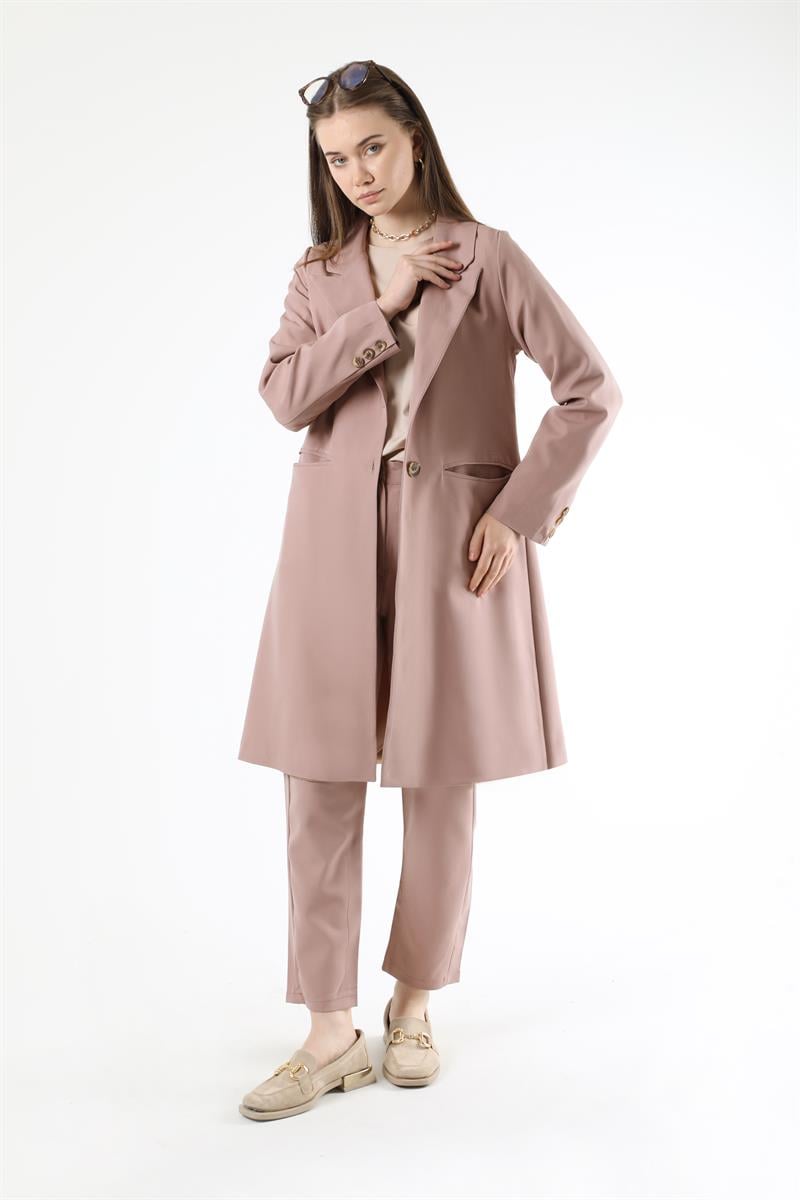 Klasik Blazer Ceket Takım Koyu Pudra