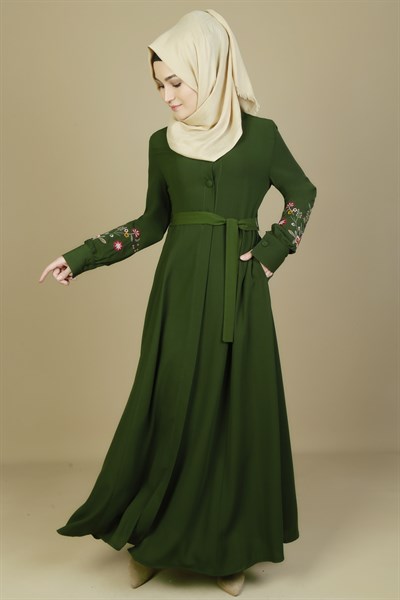 Kolları Nakışlı Haki Ferace