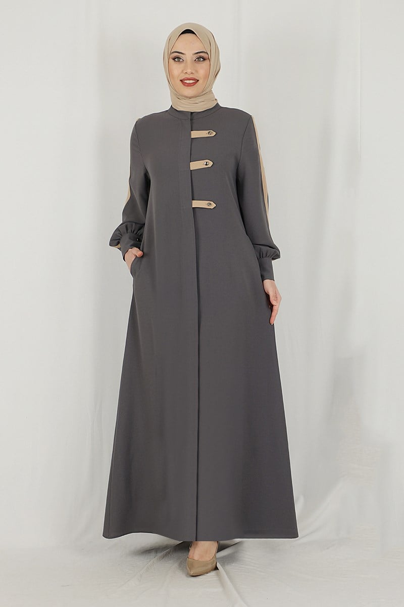 Kolları Şerit Detaylı Ferace Gri