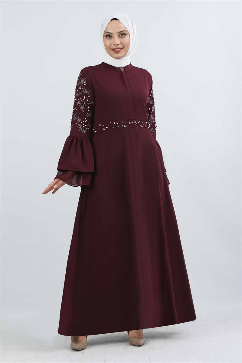 Kolu Ve Beli İnci Detaylı Ferace Bordo