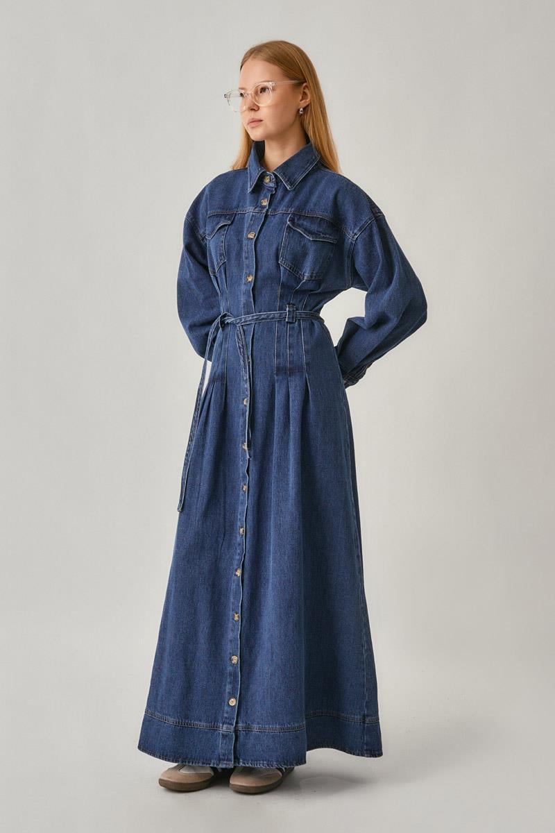 Korse Bel Denim Elbise Mavi