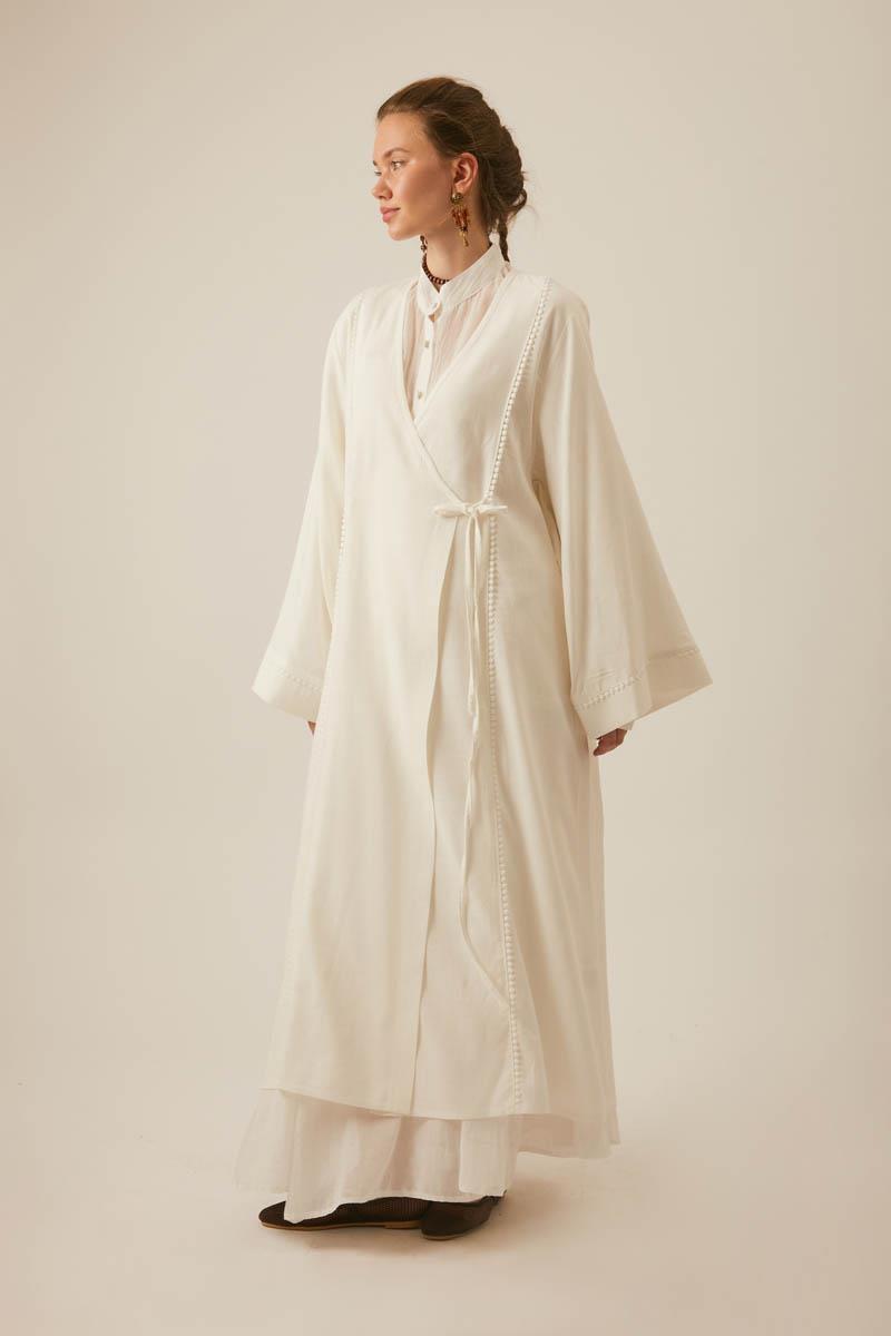 Kruvaze Keten Kimono Beyaz