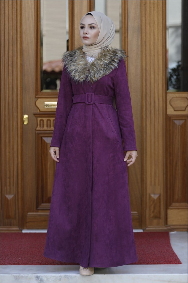 Kürklü Süet Kaban Mürdüm