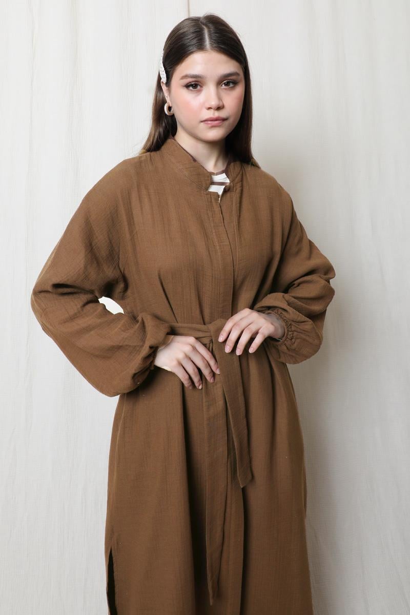 Müslin Abaya Takım Kahverengi