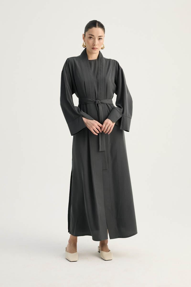 Nervür Detaylı Abaya Takım Füme