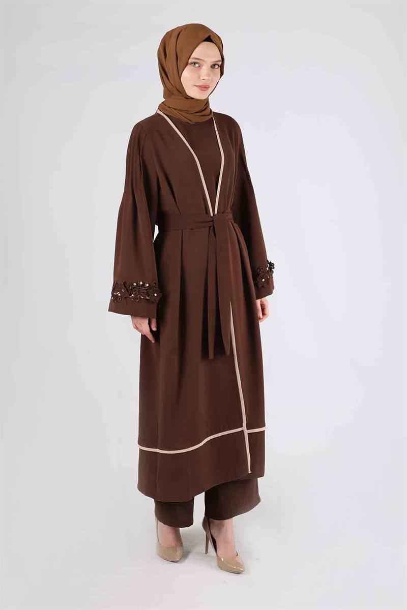 Nervürlü Abaya Takım Kahve