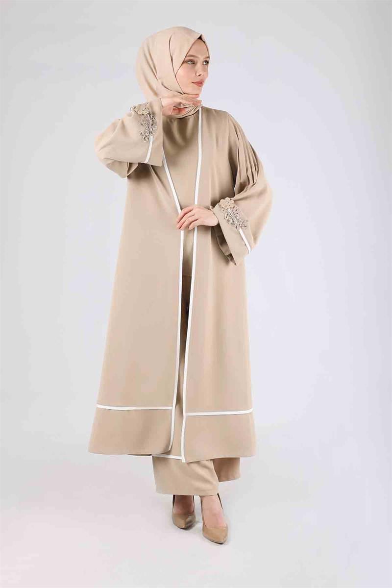Nervürlü Abaya Takım Krem