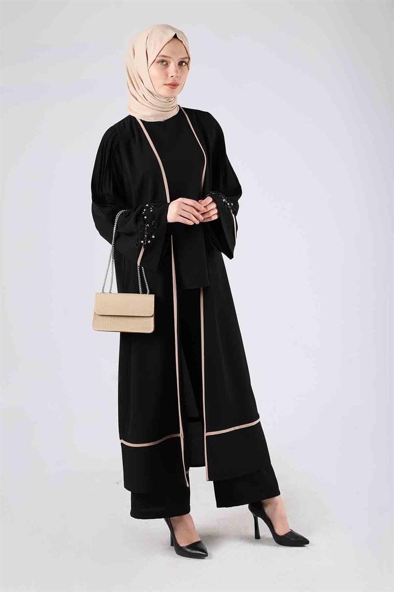 Nervürlü Abaya Takım Siyah