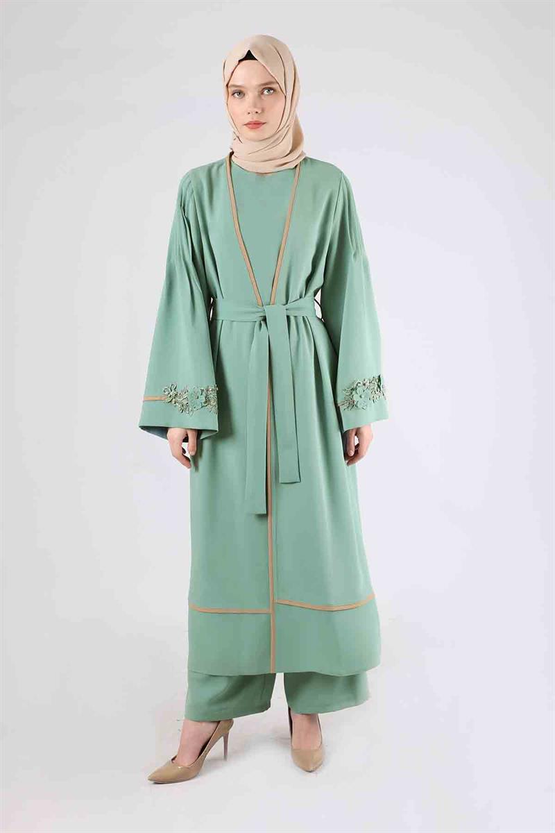 Nervürlü Abaya Takım Su Yeşili