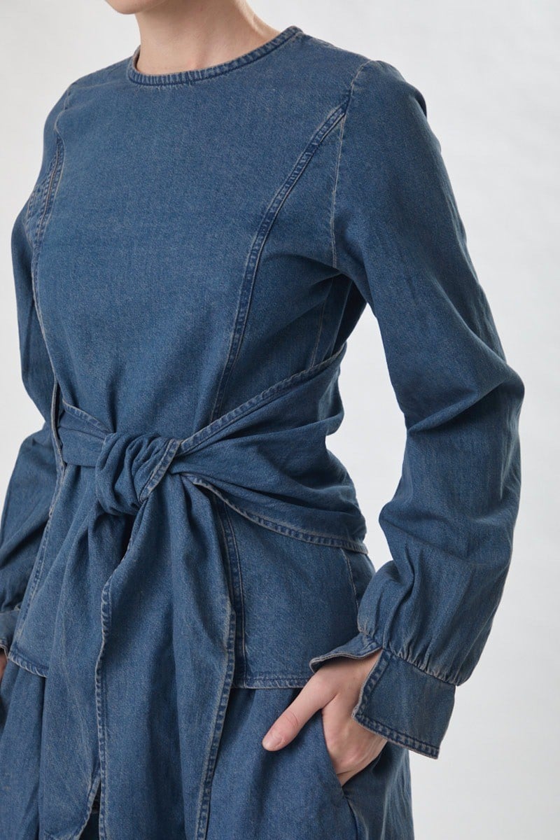 Önü Bağlamalı Denim Bluz Açık Mavi