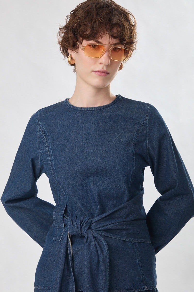 Önü Bağlamalı Denim Bluz Koyu Mavi