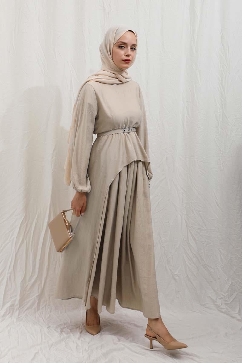 Oval Tunikli Etek Takım Krem