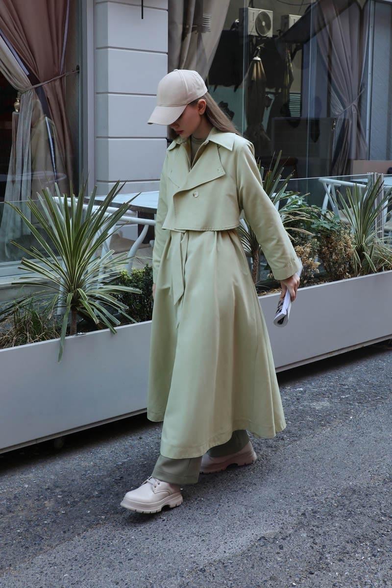 Parçalı Kloş Trençkot Avokado