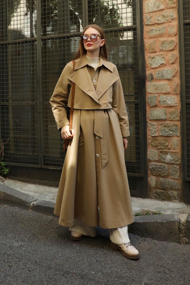 Parçalı Kloş Trençkot Camel