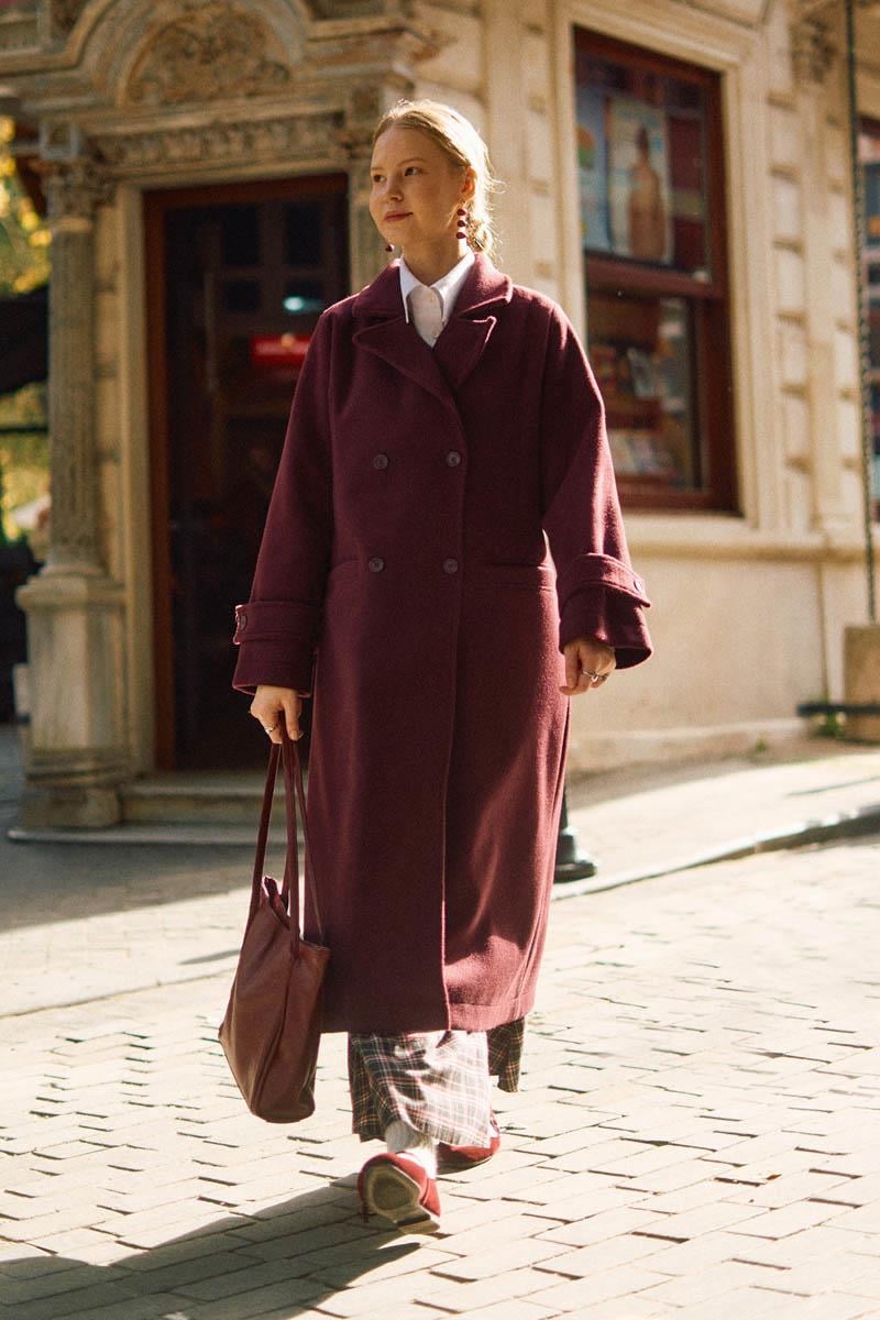 Pens Detaylı Kruvaze Kaban Bordo